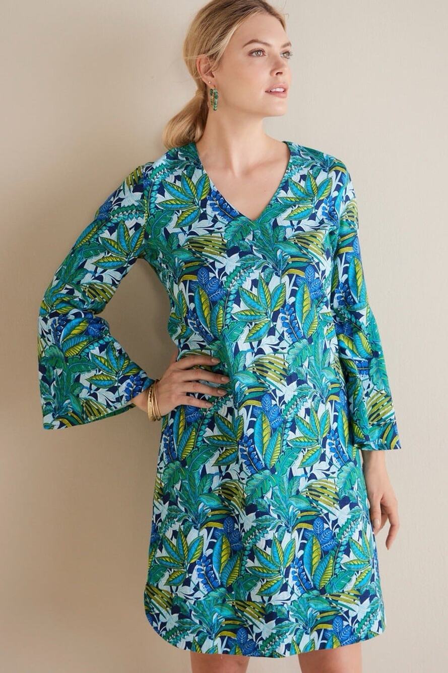 Soft Surroundings Women’s Soleil Linen Blend Dress Jungle Leaf Print Green M